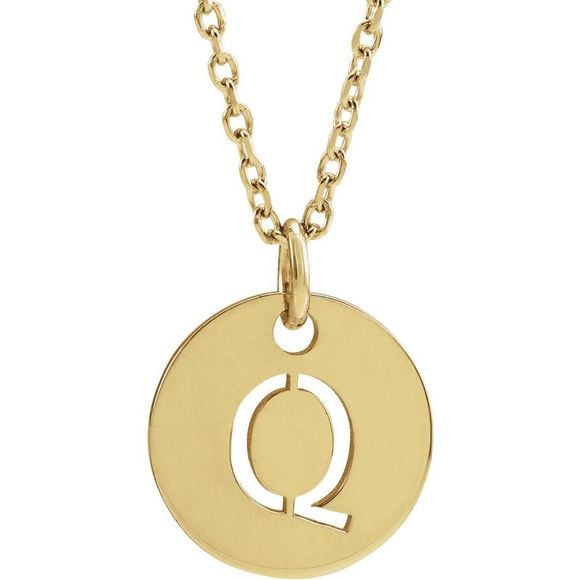 14k Yellow Gold Initial Q Small 10mm Pierced Disc Necklace 16-18 In.